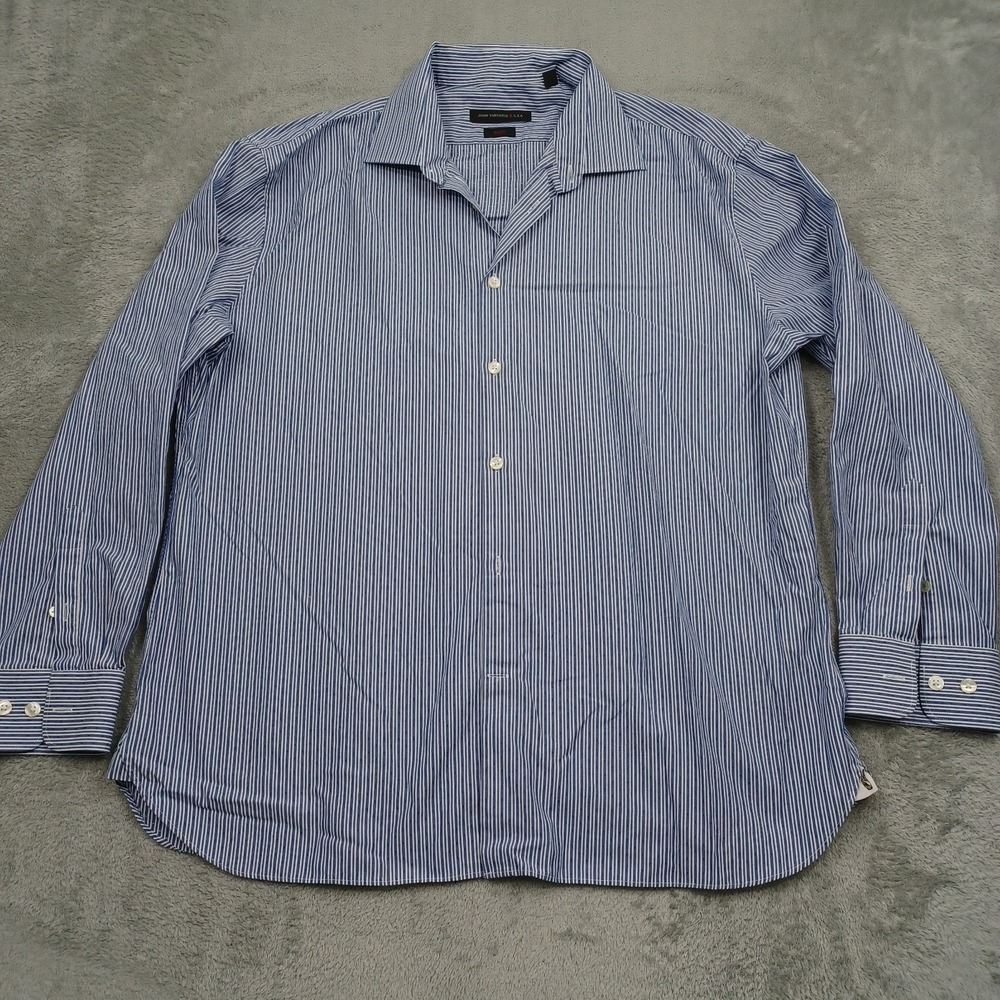 John Varvatos Shirt Mens 17 Blue Striped Slim Fit Cotton Long Sleeve Preppy